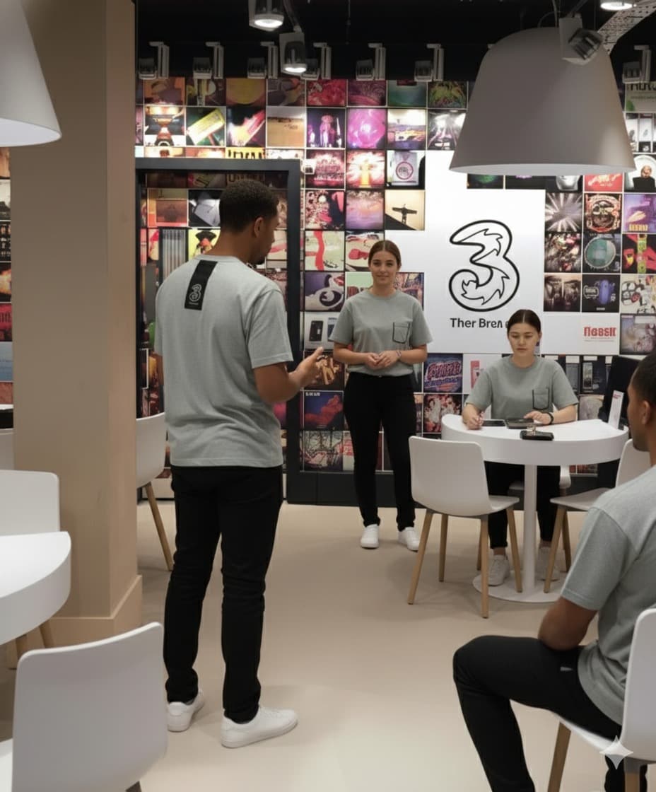 Four people at a Three phone shop wearing a grey t-shirt which is a uniform at the shop with black jeans.